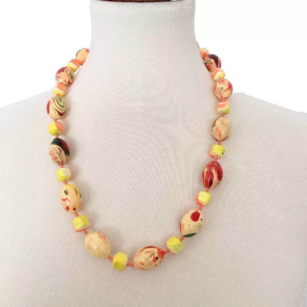 Colorful Orange & Yellow Swirl Painted Bead Necklace
